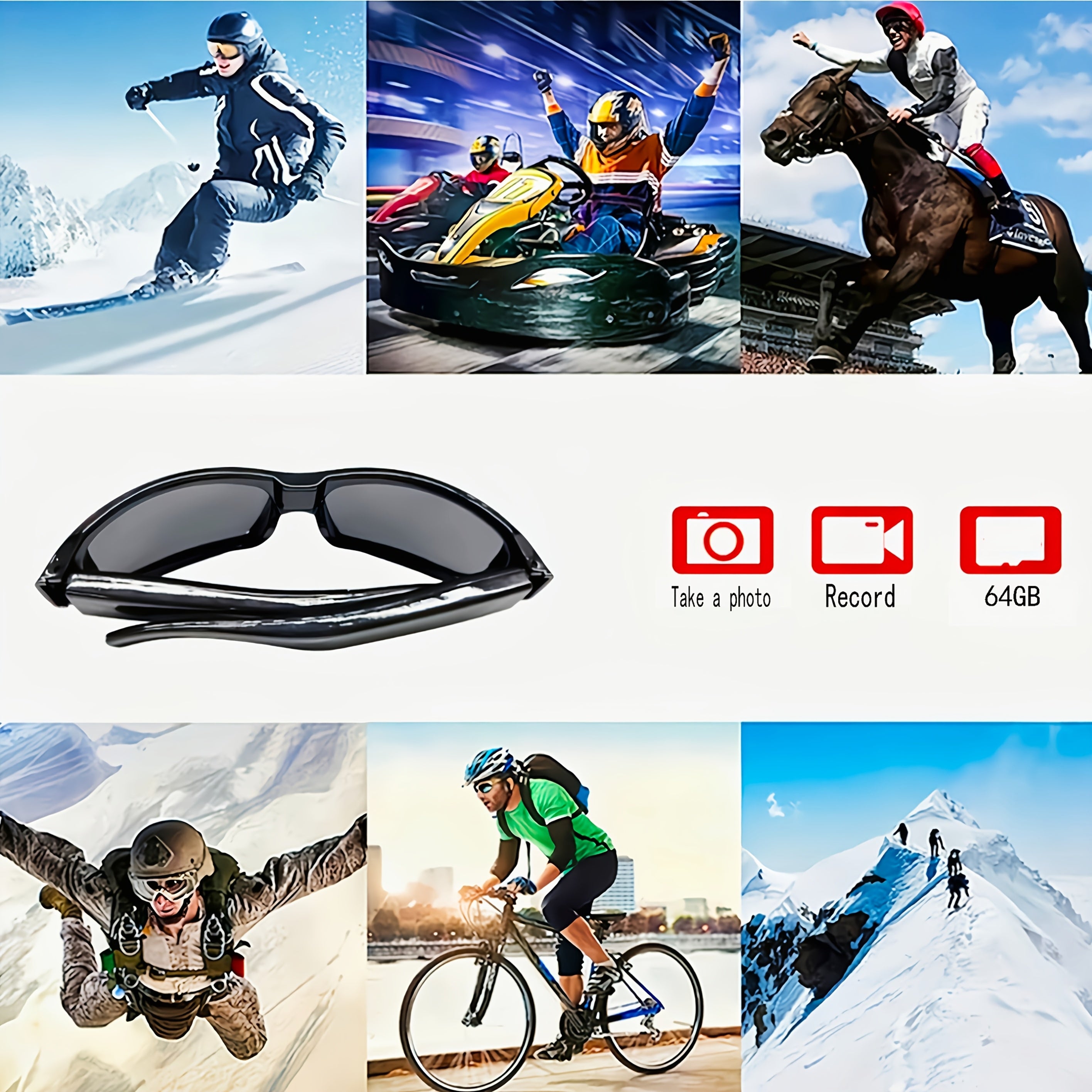 Gafas de vídeo HD para deportes y reuniones 1080P, ángulo amplio de 75°, memoria de 64GB incluida