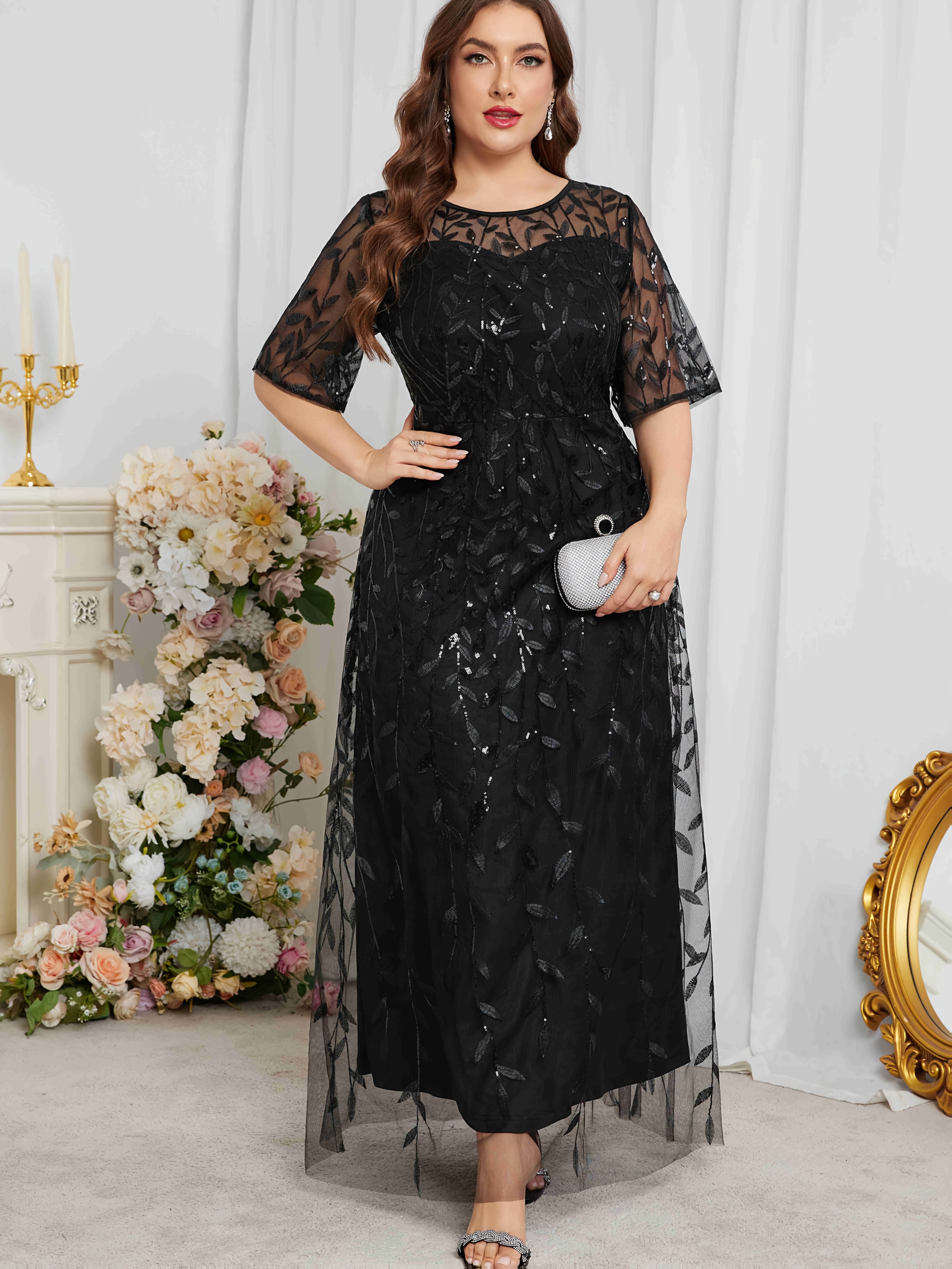 Plus Size Black Lace Trim Peplum Dress Sleeveless Floral Formal Wear