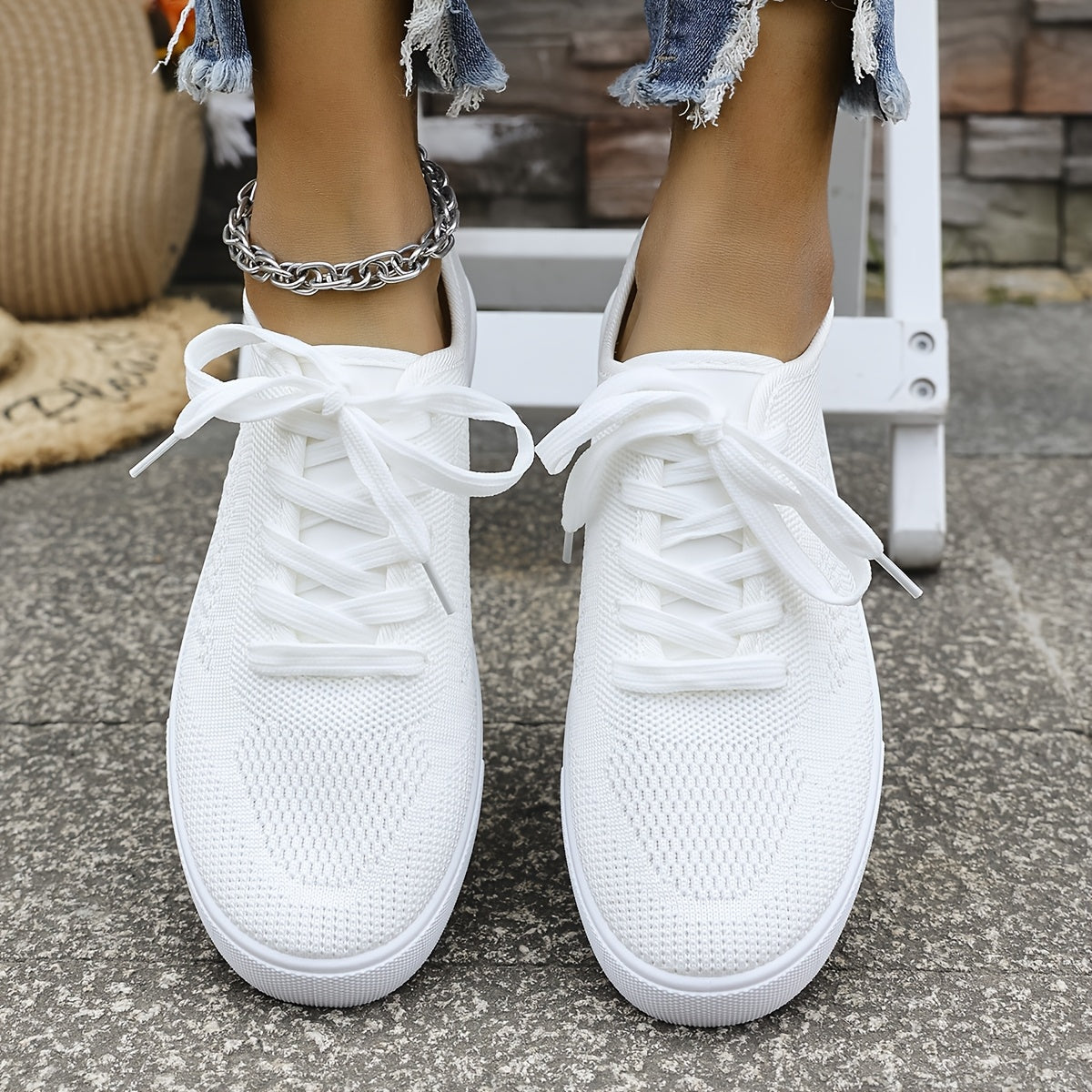 Women's Plus Size Knitted Mesh Sneakers Breathable White Low Top Shoes
