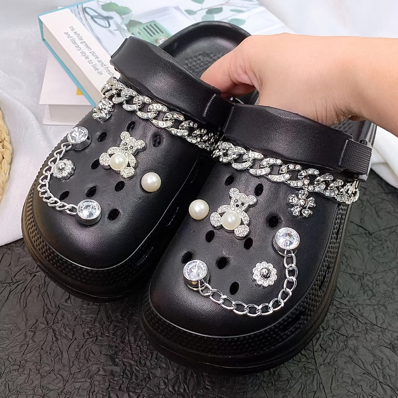 Women's EVA Hole Shoes Versatile Sandals with Rhinestone Chains and Sunflowers