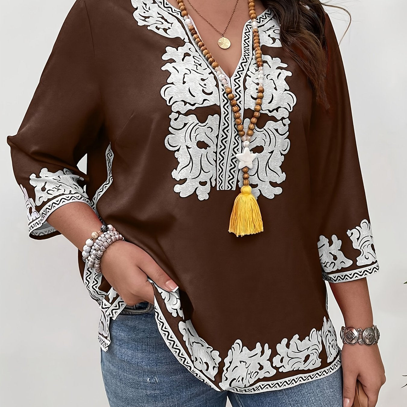 Women's Floral Print V-Neck Long Sleeve Blouse Polyester Spandex Stretchy All-Season