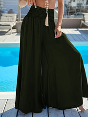 Plus Size Women's High-Waisted Wide Leg Pants Solid Green Polyester Casual