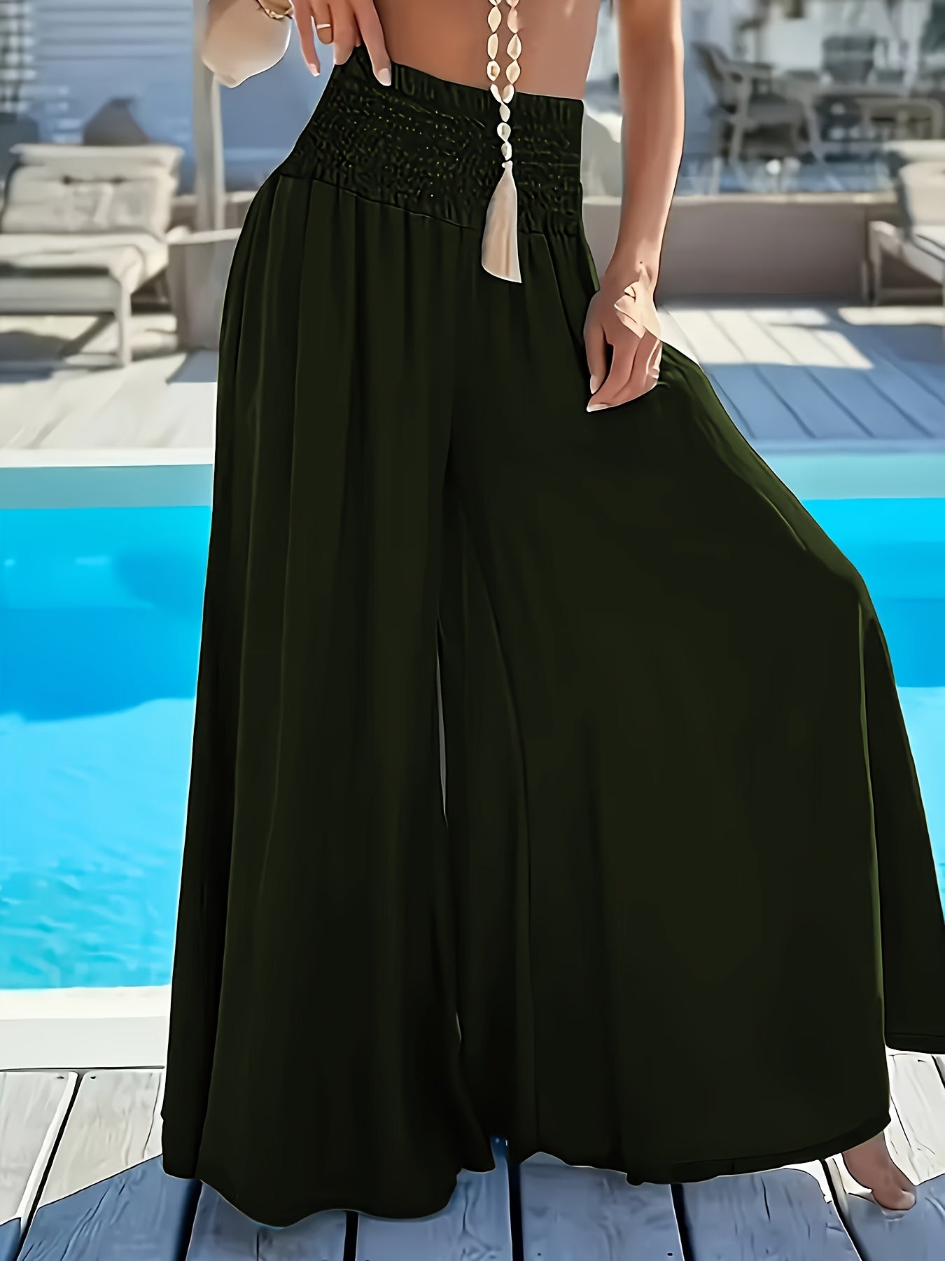 Plus Size Women's High-Waisted Wide Leg Pants Solid Green Polyester Casual