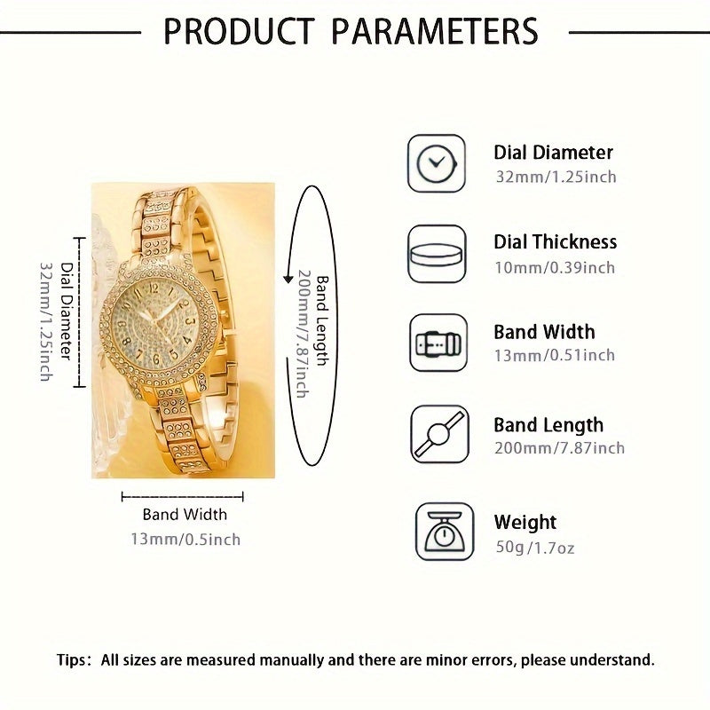 2-Piece Ladies Watch Set Quartz Watch and Hip Hop Bracelet Fashion Casual Jewelry