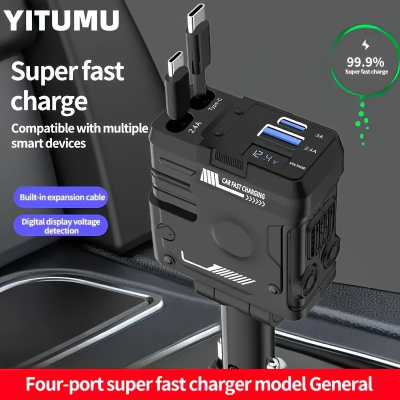 Cargador de coche retráctil con cable de 80cm, 66W, adaptador USB rápido 4 en 1