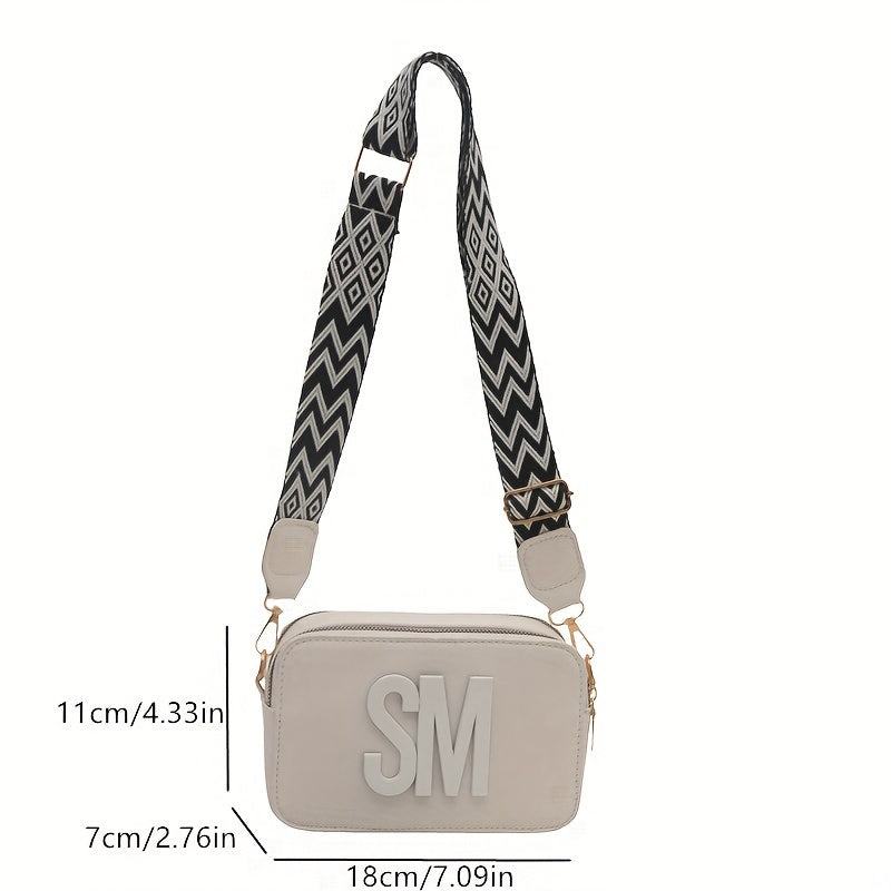 PU Crossbody Bag with Adjustable Wide Strap Zigzag Pattern in White Black Pink Light Brown