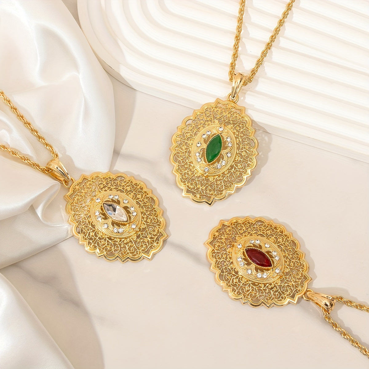 Antique Tribal Pendant Necklace with Synthetic August Birthstone Resin Gold Plated Floral Hollow Design for Bridal and Everyday Wear