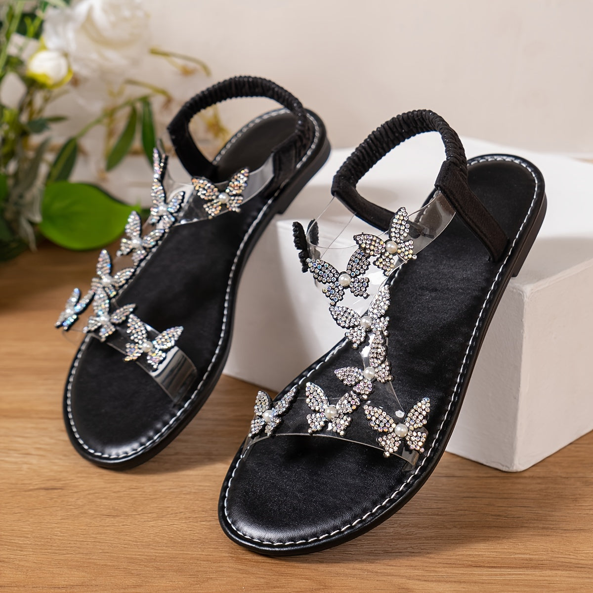 Women's Rhinestone Butterfly Flat Sandals Open Toe Summer Shoes Elastic Band Casual Slip-On