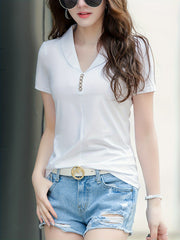 Women's Summer V-Neck T-Shirt Polyester Elastane Solid Color Regular Fit Knit Fabric Button Details