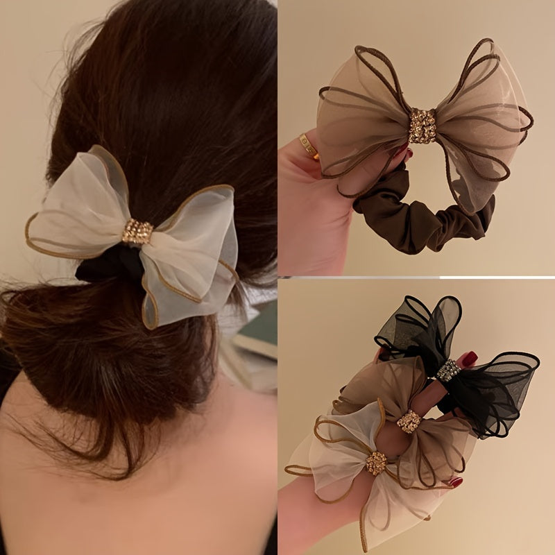 Vintage Polyester Rhinestone Mesh Bow Hair Ties Set of 1 2 3 for Women