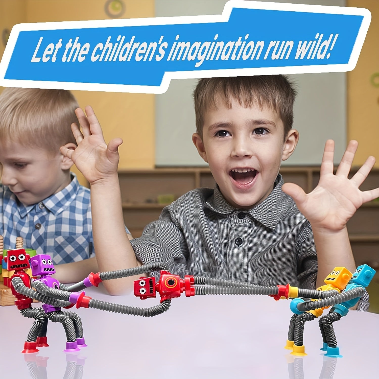 6-8 yoshdagi bolalar uchun DIY o'zgaruvchan robot o'yinchoq: 4 rangdagi teleskopik pop quvuri dizayni bilan ijodiy va ta'limiy sezgi o'yinlari.