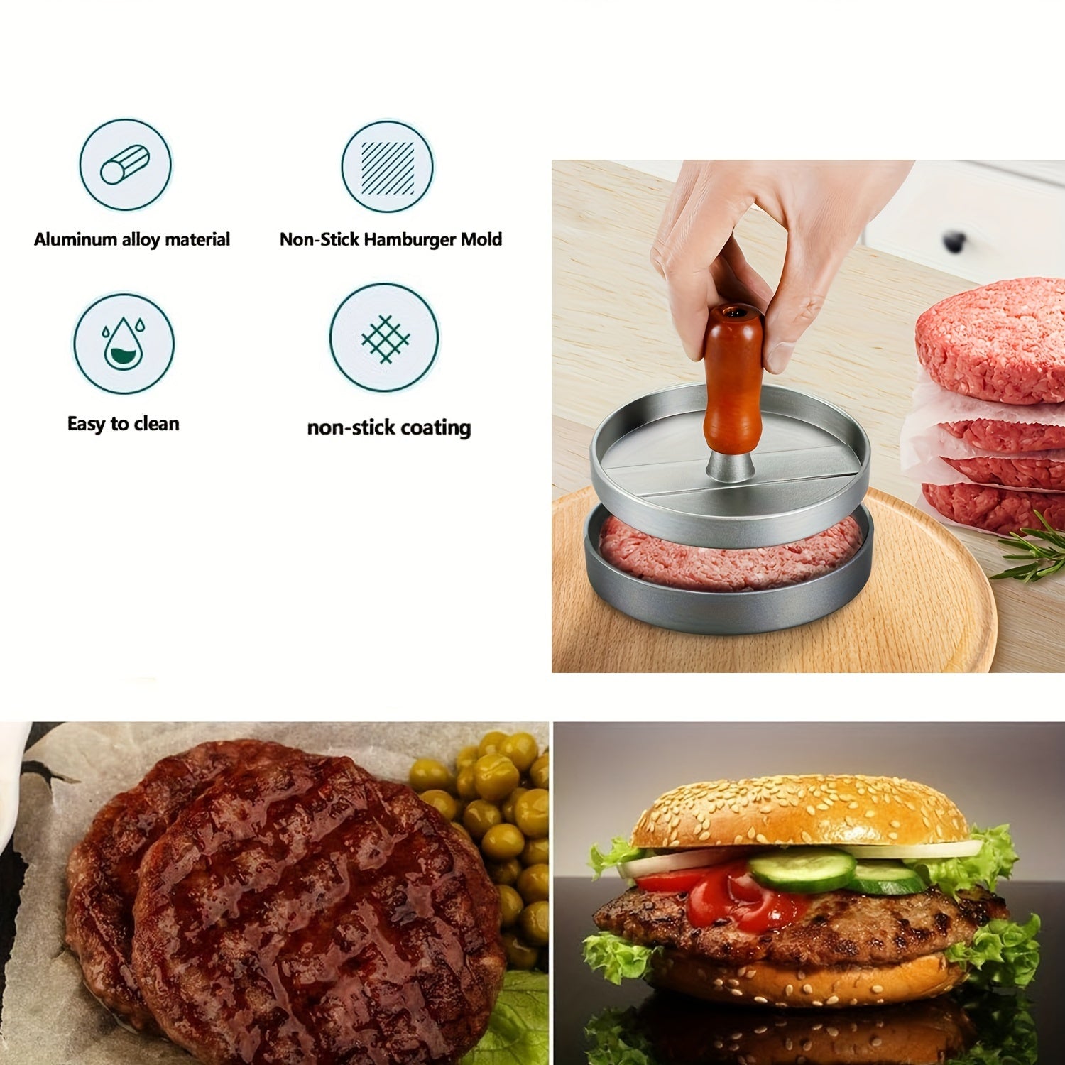 Grey Metal Burger Press with Non-Stick Coating and Wooden Handle