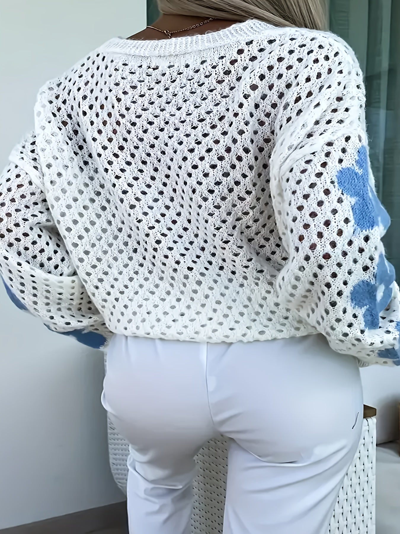 Plus Size Women's Crochet Cardigan Floral Pattern Long Sleeve Open Front Blue White Fall Winter