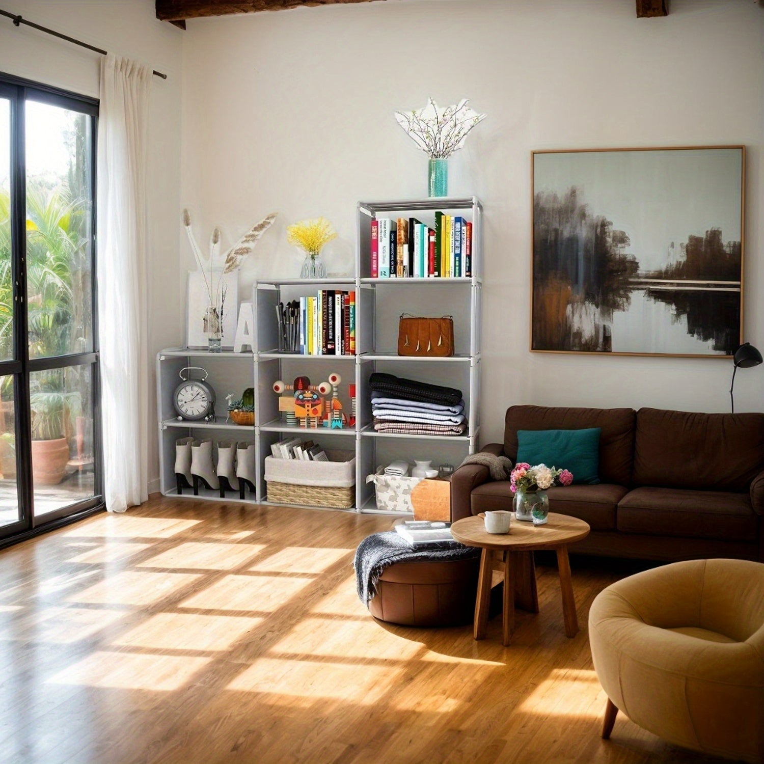 9-Compartment Waterproof Metal Bookcase with Reinforced Steel Tubes in Grey