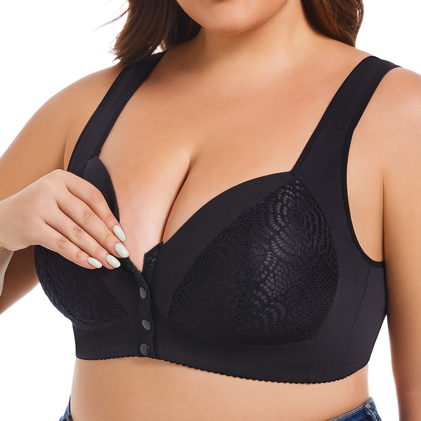 Plus Size Lace Bralette Wireless Full Coverage with Front Closure and Non-Removable Pads