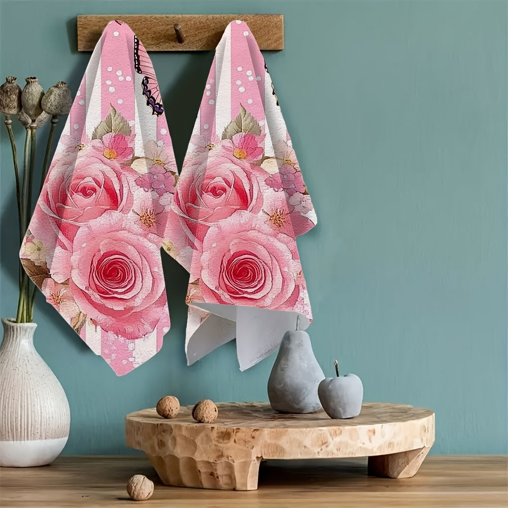 Set of 2 Pink Rose and Butterfly Kitchen Towels 16x24 Inches Ultra Soft