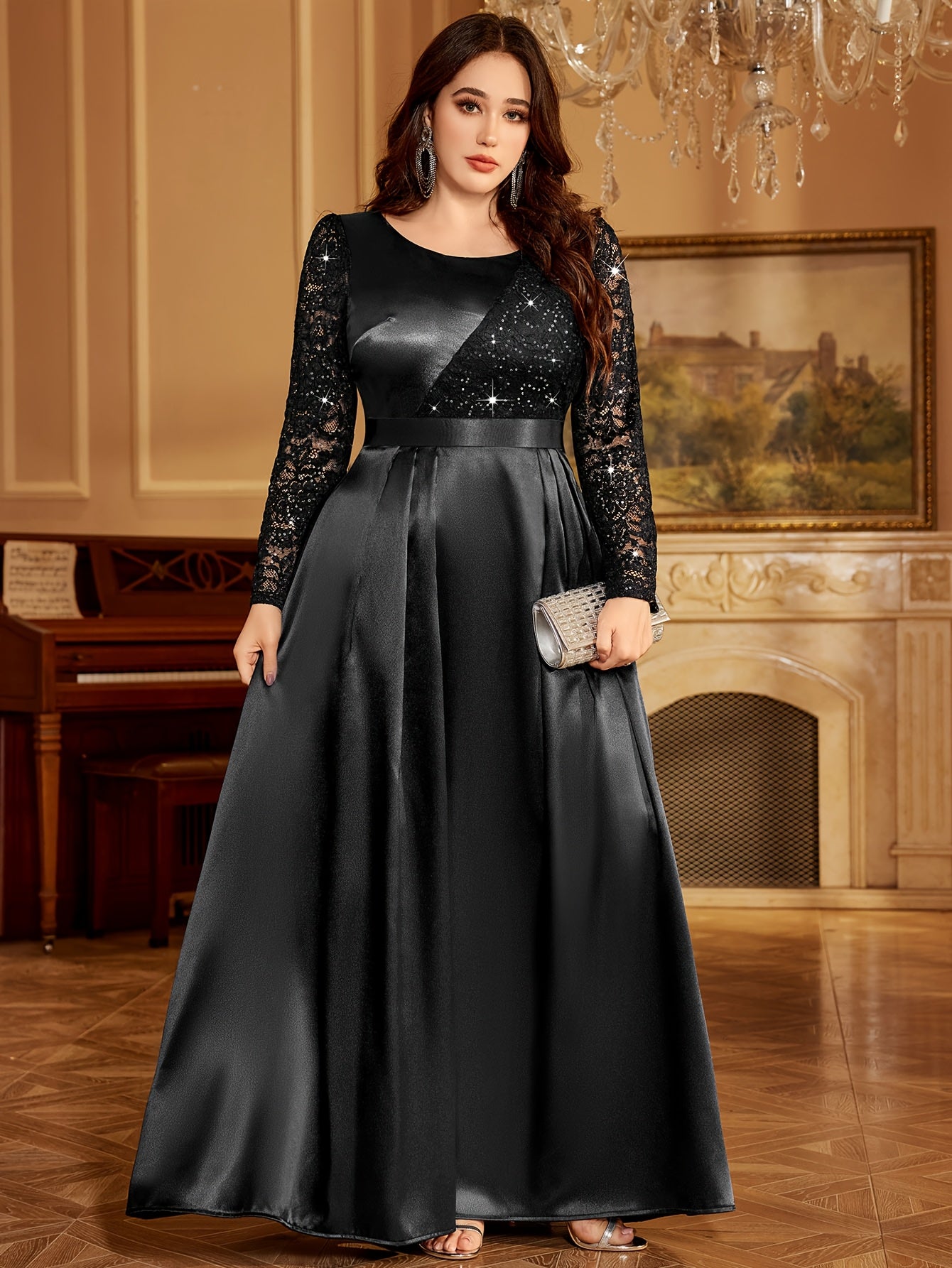 Plus Size Women's Satin Lace Wedding Dress Sequin Embellished Mermaid Evening Gown