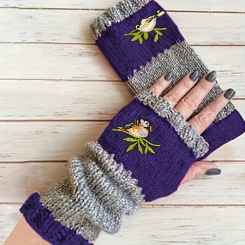 Warm Fingerless Gloves with Double Color Block Design and Hummingbird Embroidery