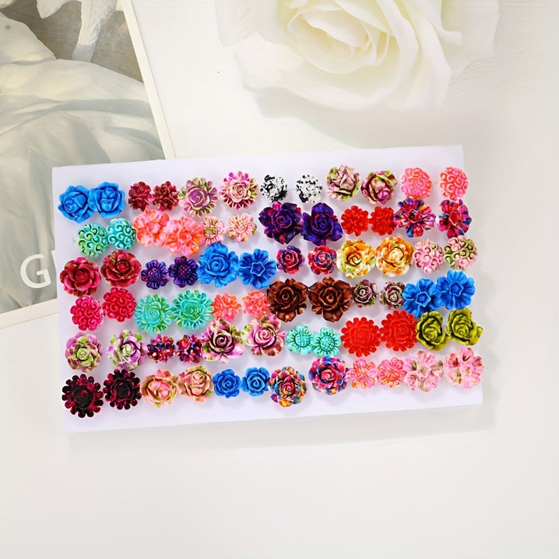Set of 36 Boho Chic Colorful Rose Stud Earrings for Men Women Resin Flower Gift