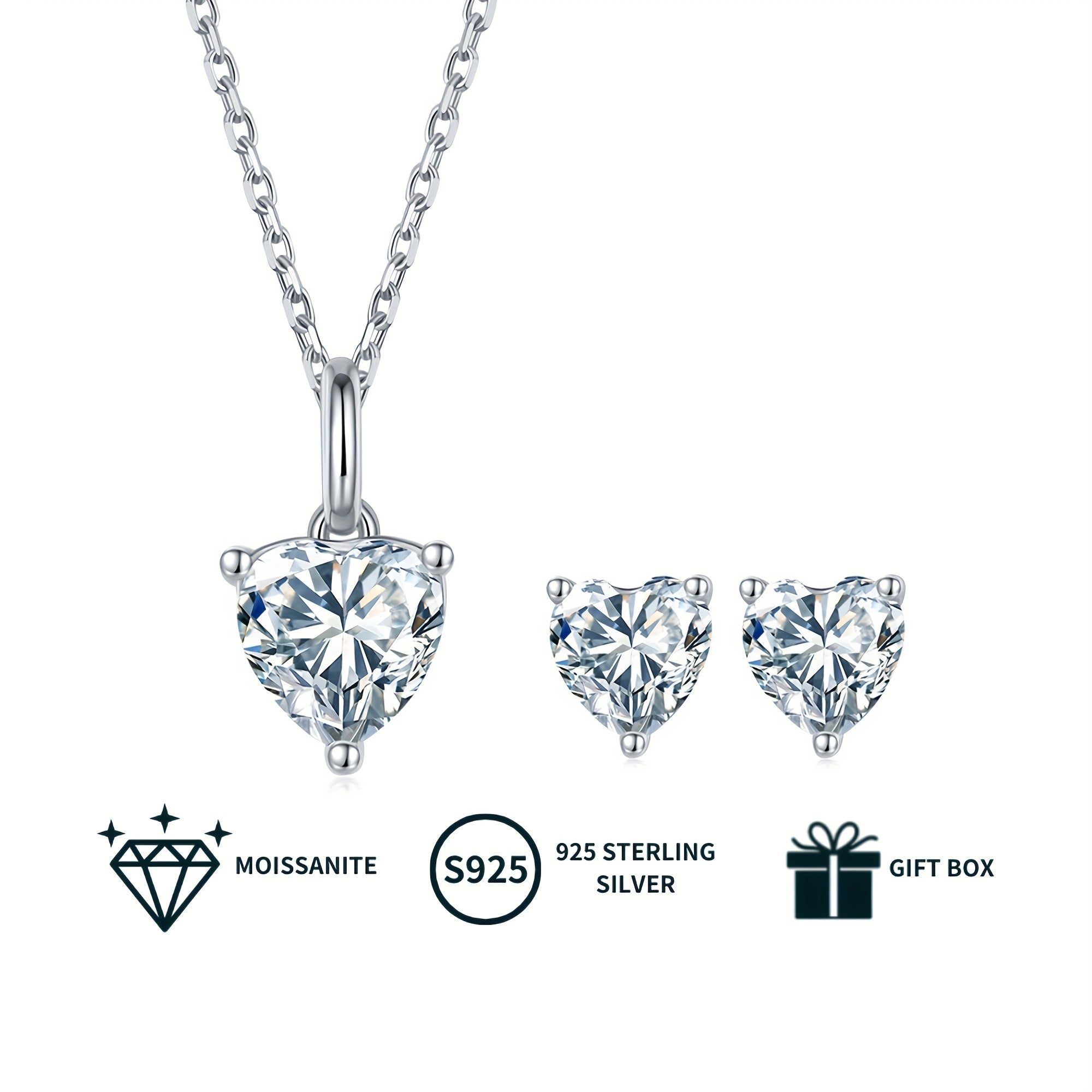 Heart-Shaped Moissanite Jewelry Set Pendant Necklace and Stud Earrings White Gold Plated Silver Gift for Her