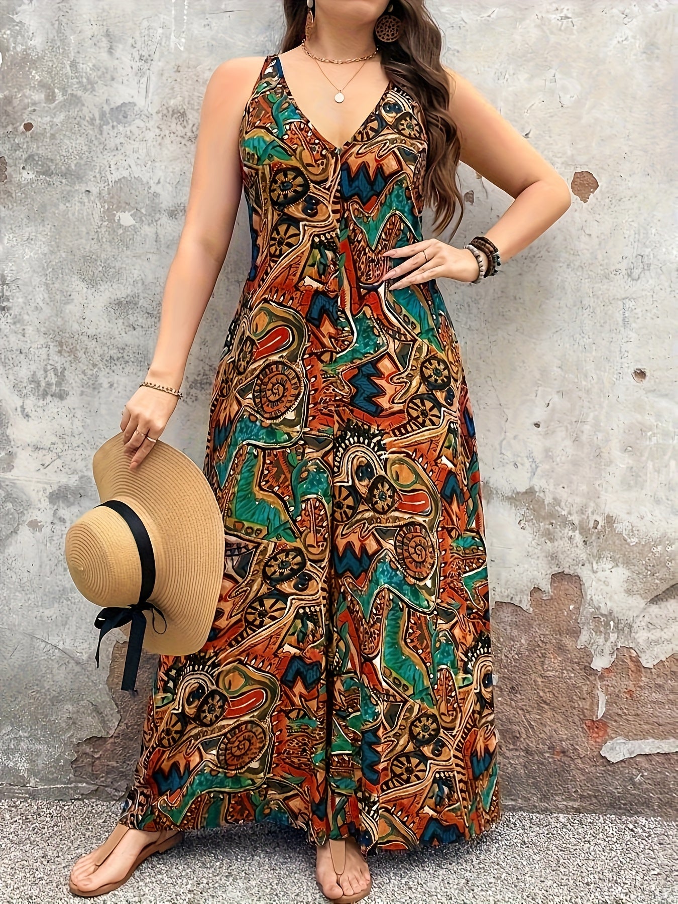 Plus Size Women's Linen V-Neck Sleeveless Jumpsuit with Floral Print