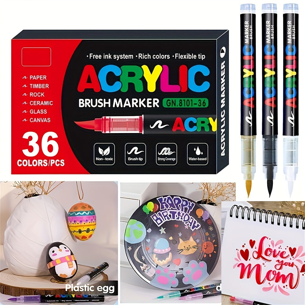 36-Color Acrylic Brush Markers with Free Ink System for Art Crafts and DIY Projects