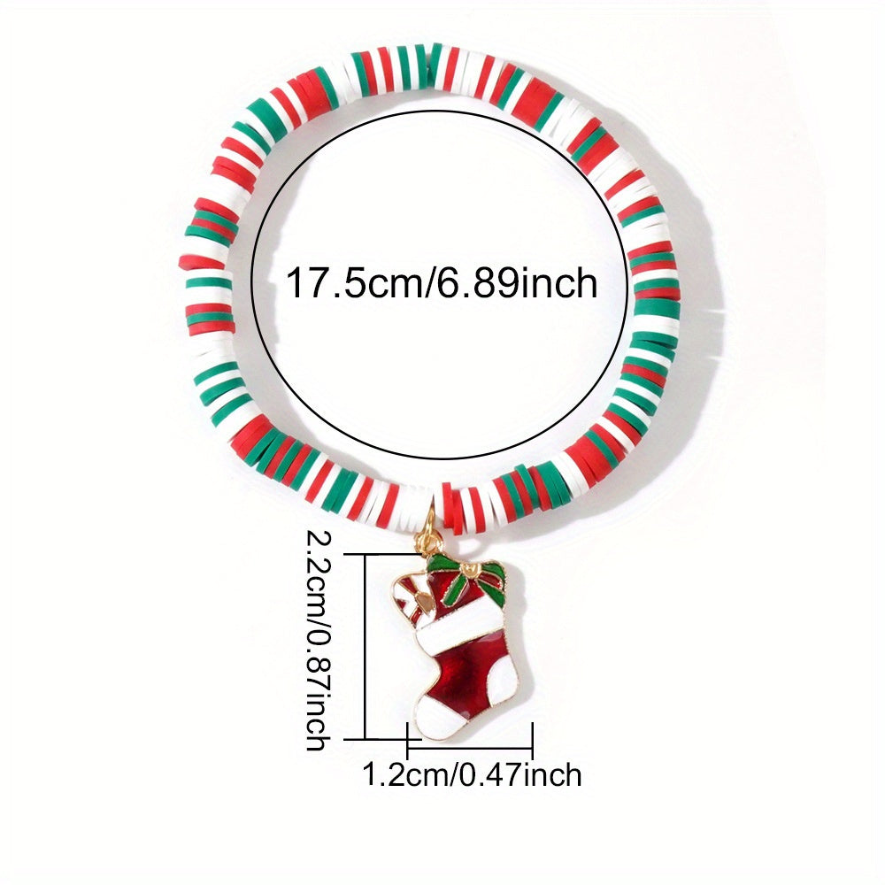 Set of 10 Bohemian Style Christmas Heishi Bracelets Adjustable Elastic with Ceramic Beads and Charms