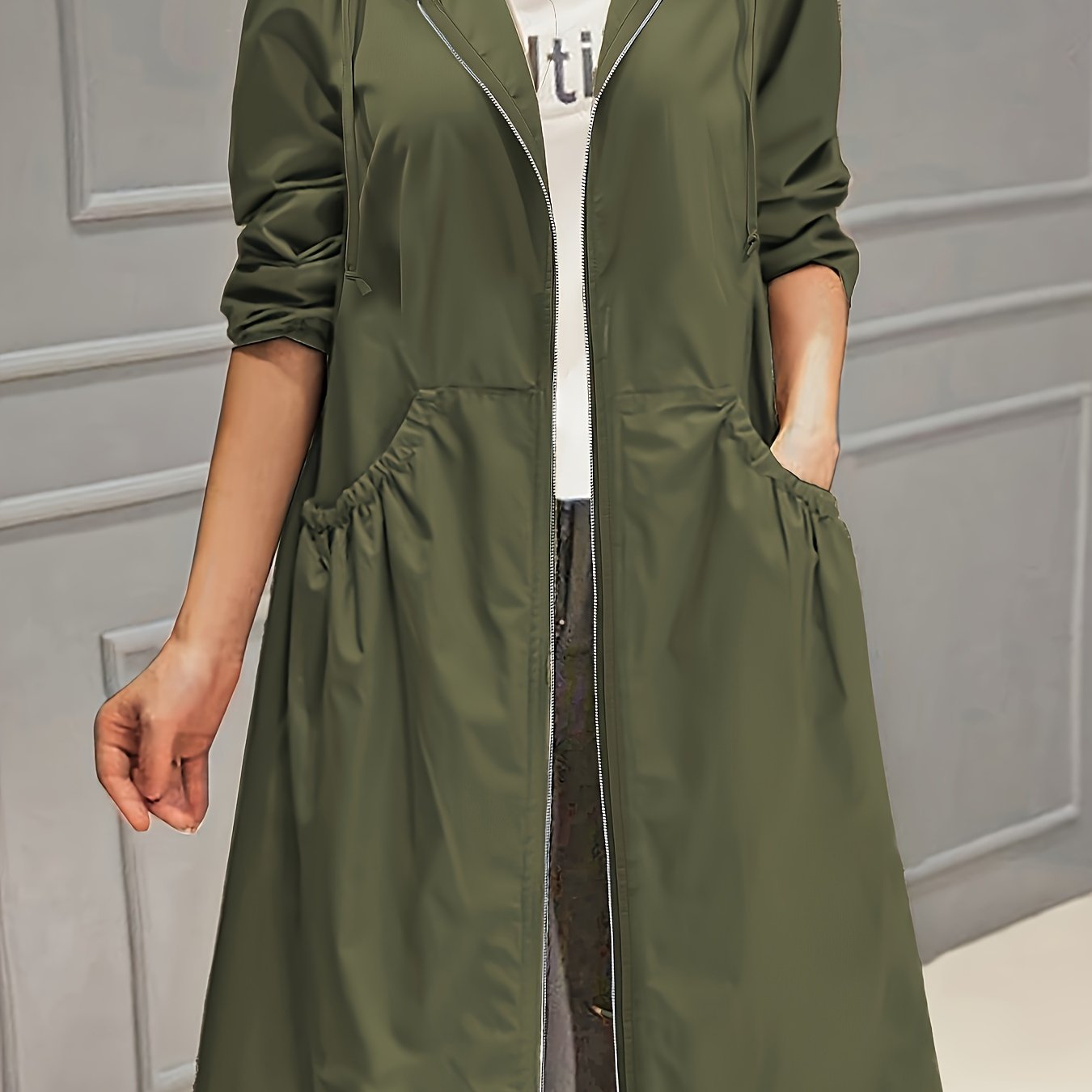 Plus Size Polyester Trench Coat with Zipper Hood and Pockets for Women
