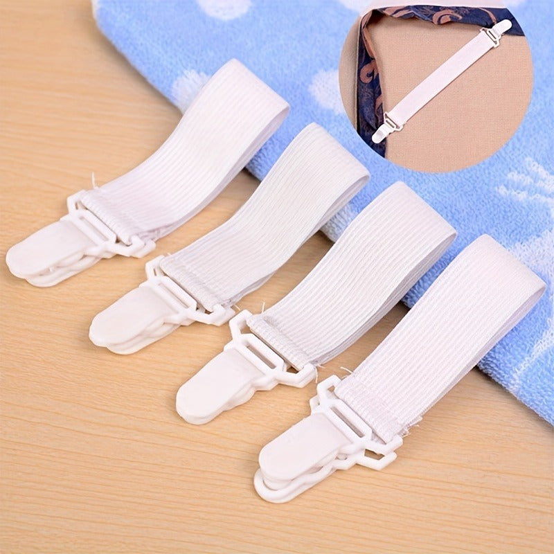 Set of 4 White Elastic Sheet Straps with Clips for Bedding and Mattress Securement