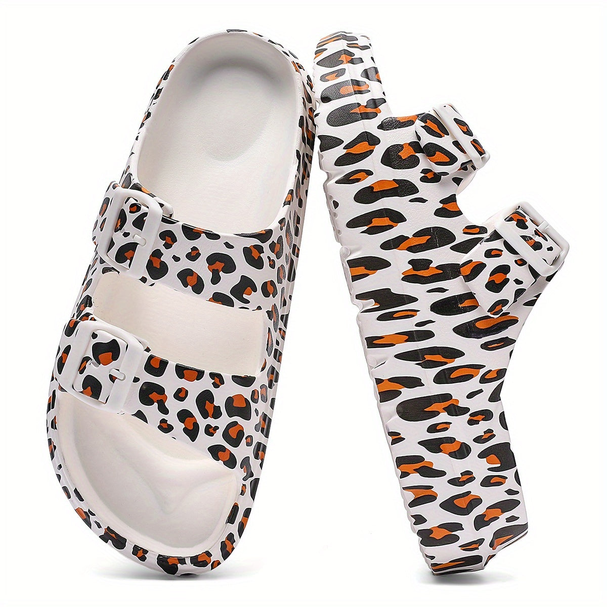 Women's Breathable Leopard Print Slide Sandals with Adjustable Buckles