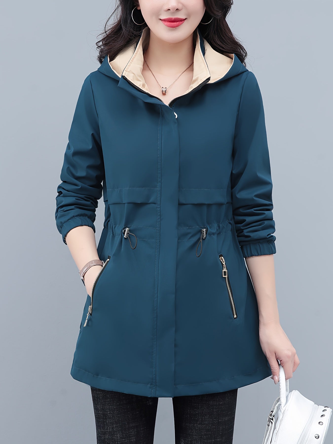 Women's Polyester Long Sleeve Hooded Windbreaker Jacket with Drawstring Waist for Spring and Fall