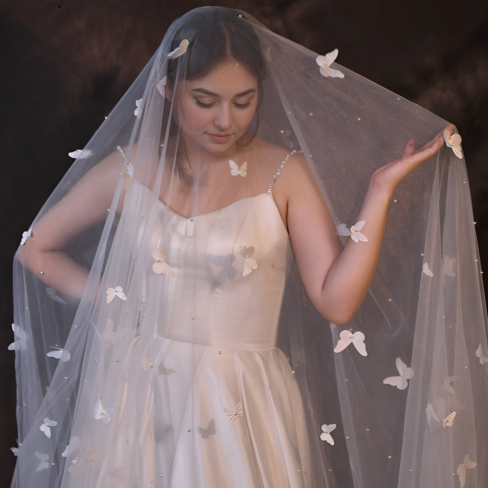 Wedding Veil Beaded Butterfly Cathedral Length Nylon Bridal Accessory