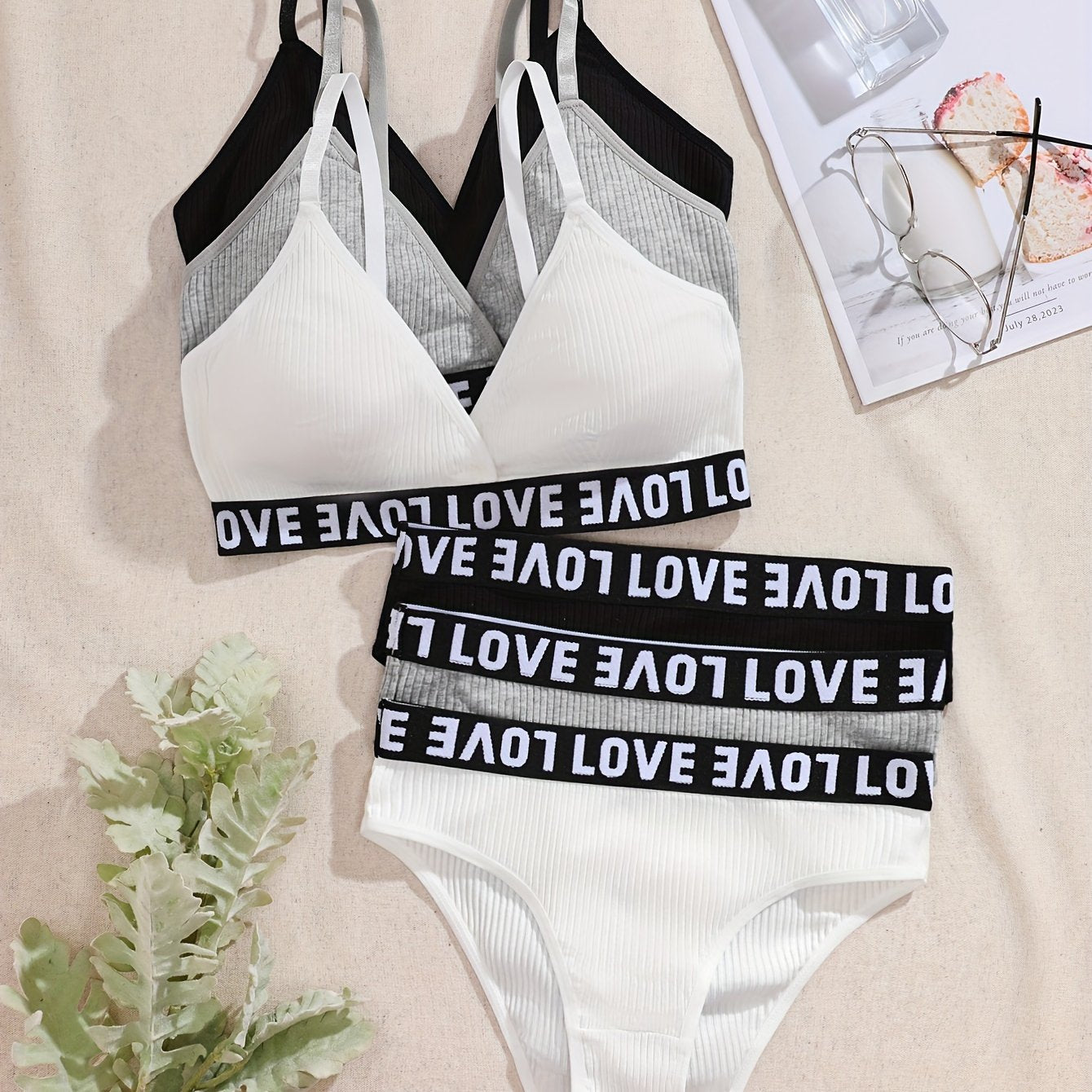 Women's Lingerie Set Solid Knit Fabric Mid Rise Briefs with Removable Padding Sports Bra and Panty