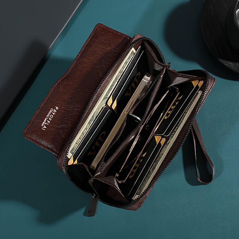 Men's Faux Leather Wallet with Wrist Strap and Zipper Multiple Card Slots Black