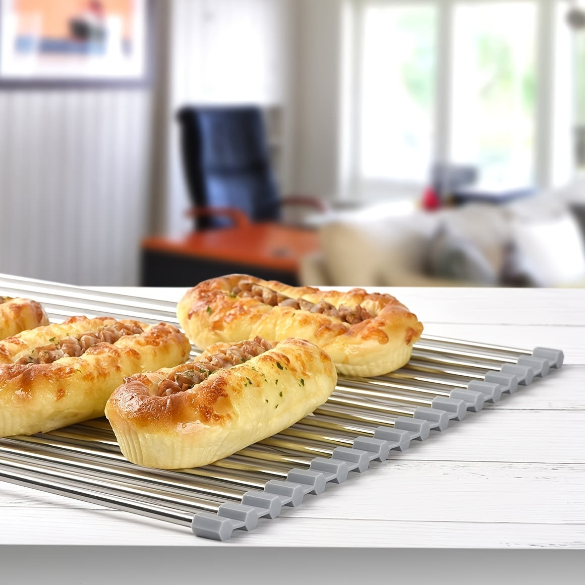 Large Grey Stainless Steel Silicone Heat Resistant Non-Slip Dish Drying Rack with Sink Drain