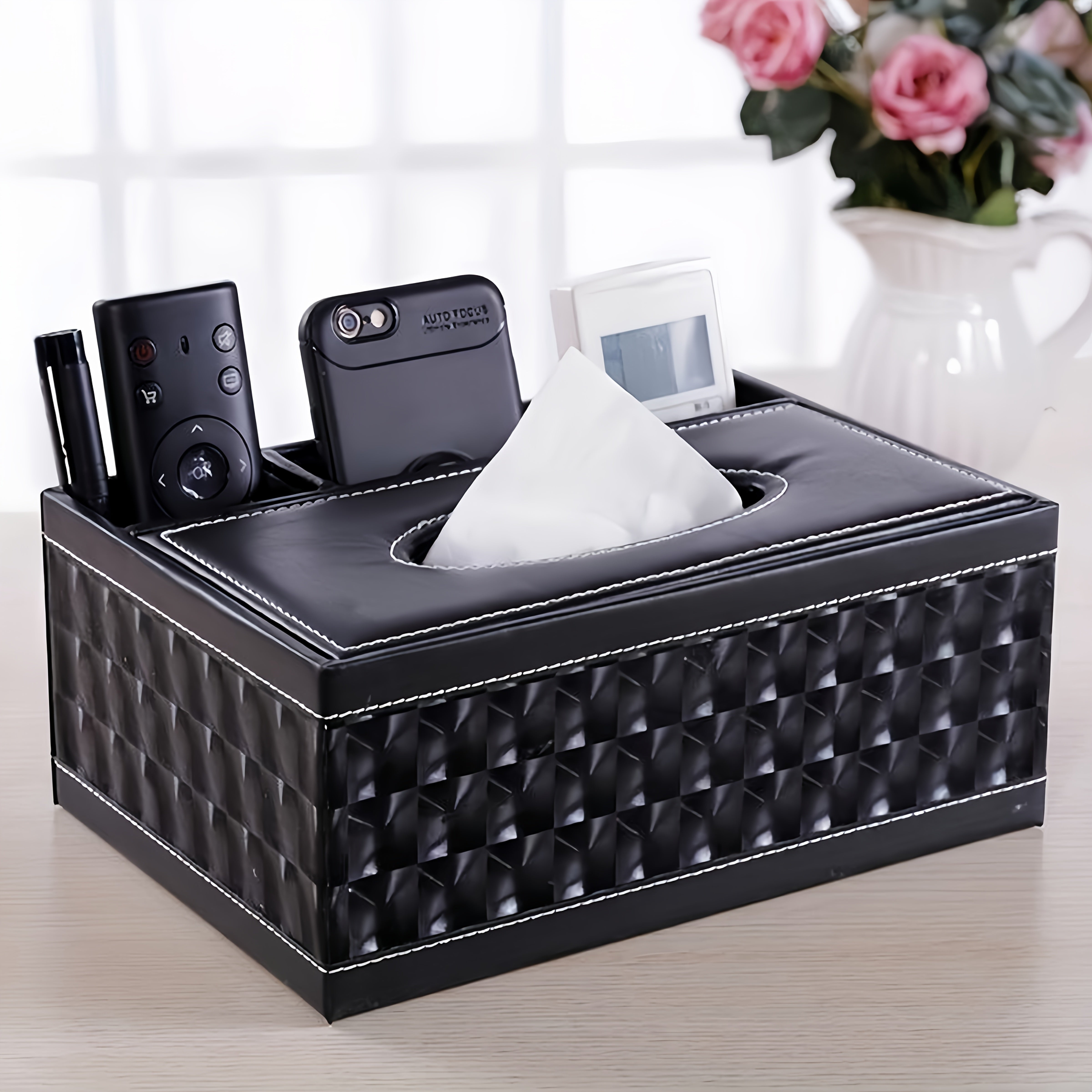 Faux Leather Tissue and Storage Box with Four Compartments Remote Holder Napkin Organizer for Living Room
