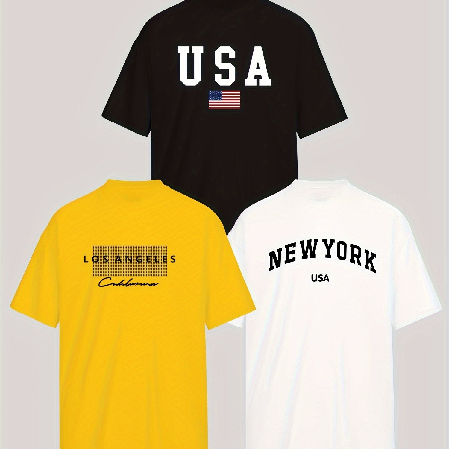 Men's and Women's Short Sleeve T-Shirts Set of 3 with Los Angeles, New York, USA Prints Breathable Polyester