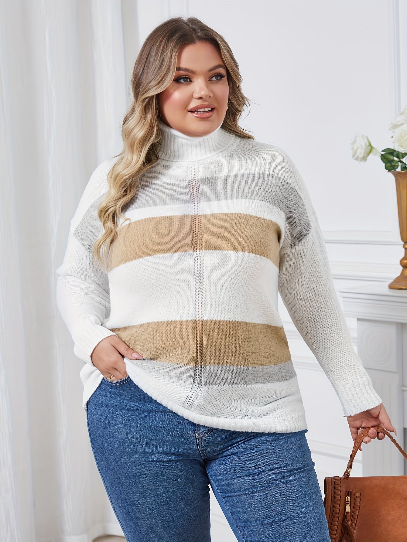 Women's Turtleneck Sweater Long Sleeve Loose Fit Striped Pullover Beige Black Fall Winter