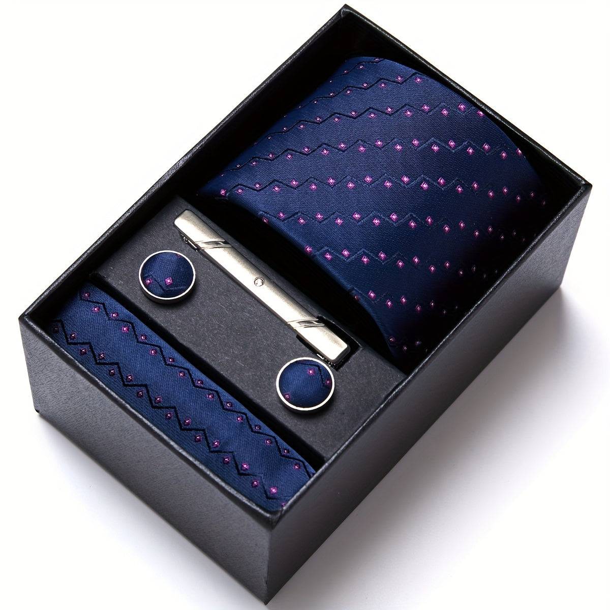 Men's Blue Tie Set with Pocket Square Cufflinks and Tie Clip for Weddings and Occasions