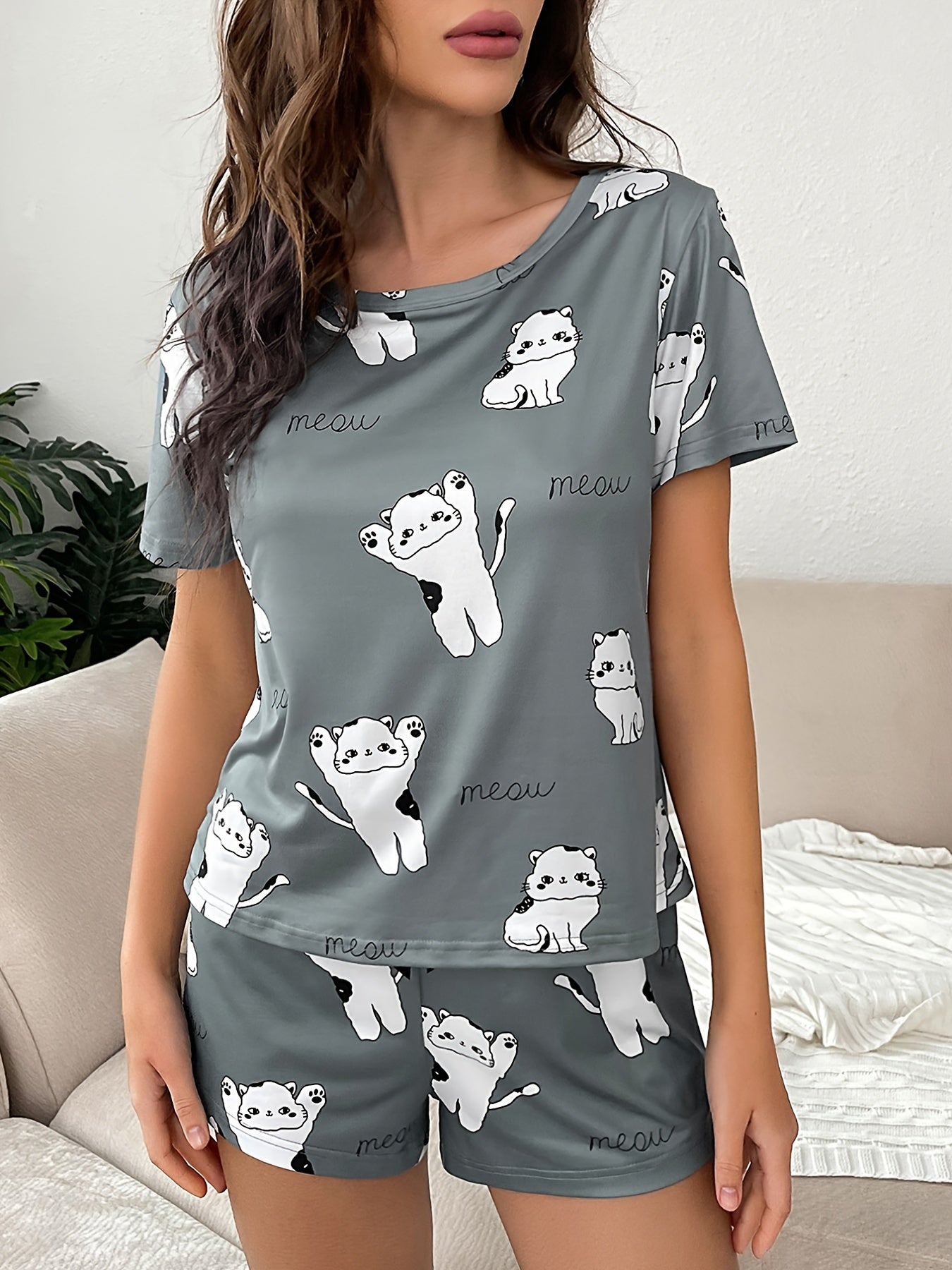 Women's Kitty Print Pajama Set Short Sleeve Shorts All Season