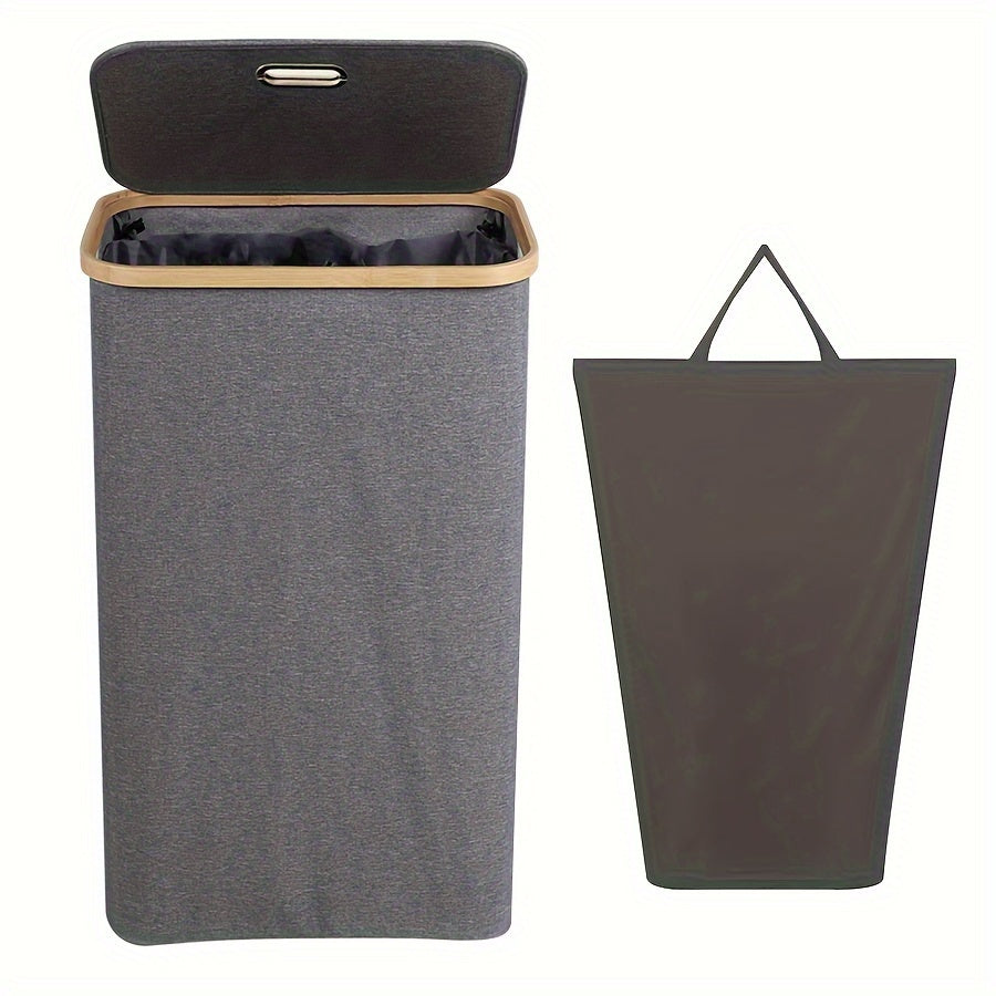 100L Tall Laundry Basket with Lid Bamboo Handles Waterproof Collapsible Storage Bin Cream White