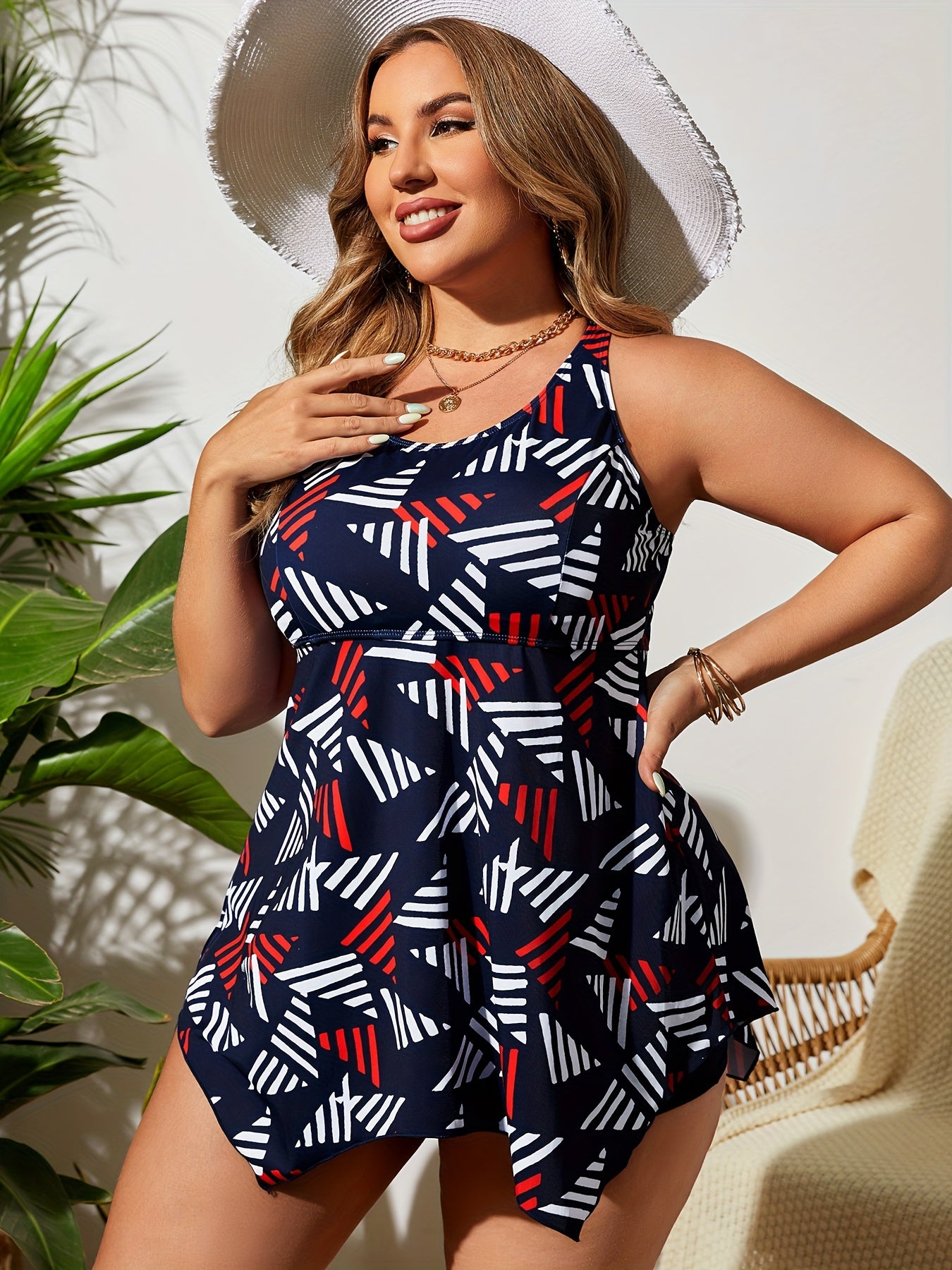 Plus Size Women's Tankini Swimsuit with Geometric Pattern and High Stretch Fabric