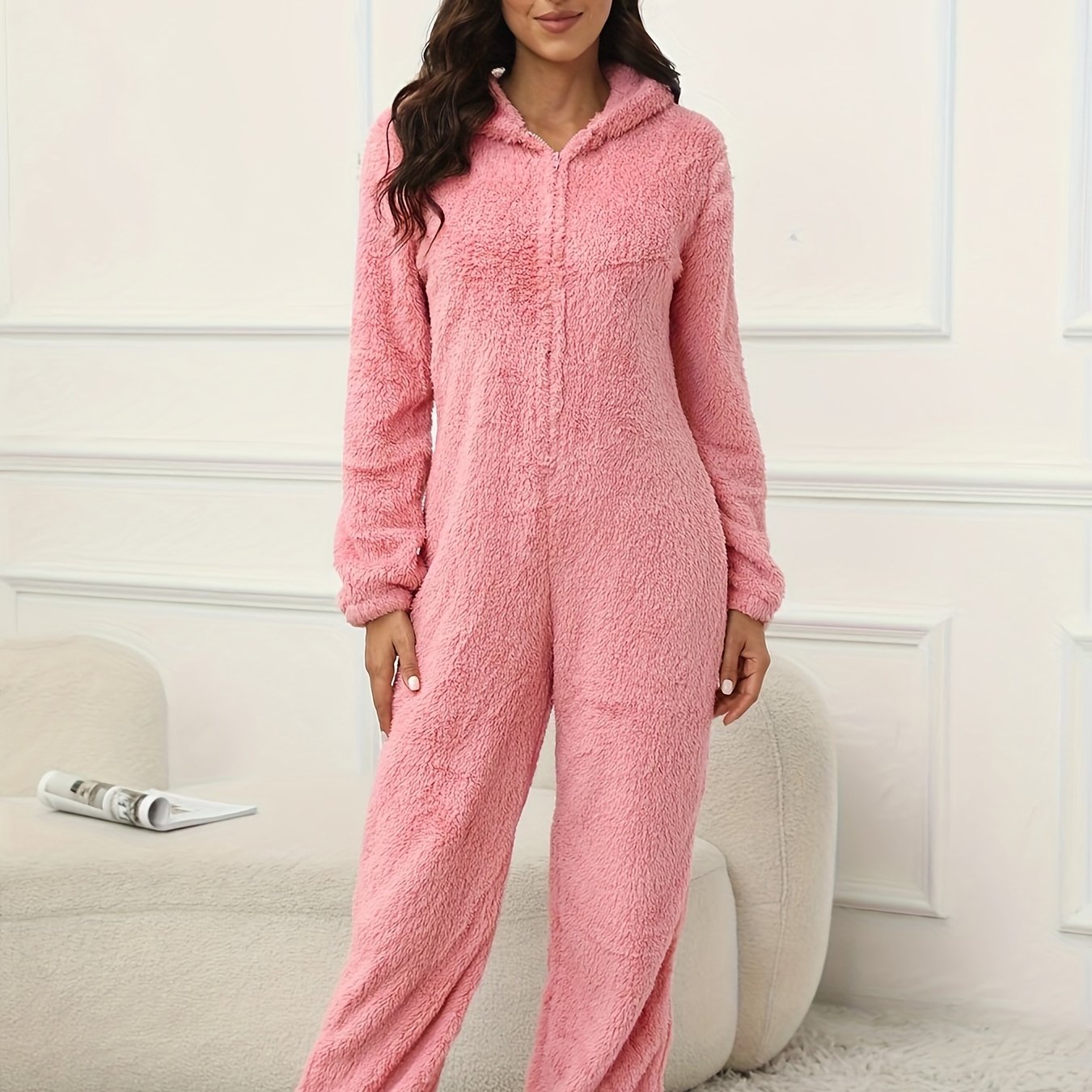 Women's Fuzzy Hooded Lounge Jumpsuit with Zipper Long Sleeve Fall Winter Casual