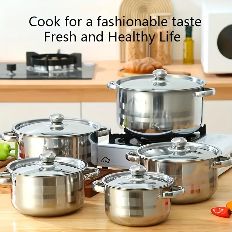 10-Piece Stainless Steel Cookware Set with Lids, Silver, Various Sizes