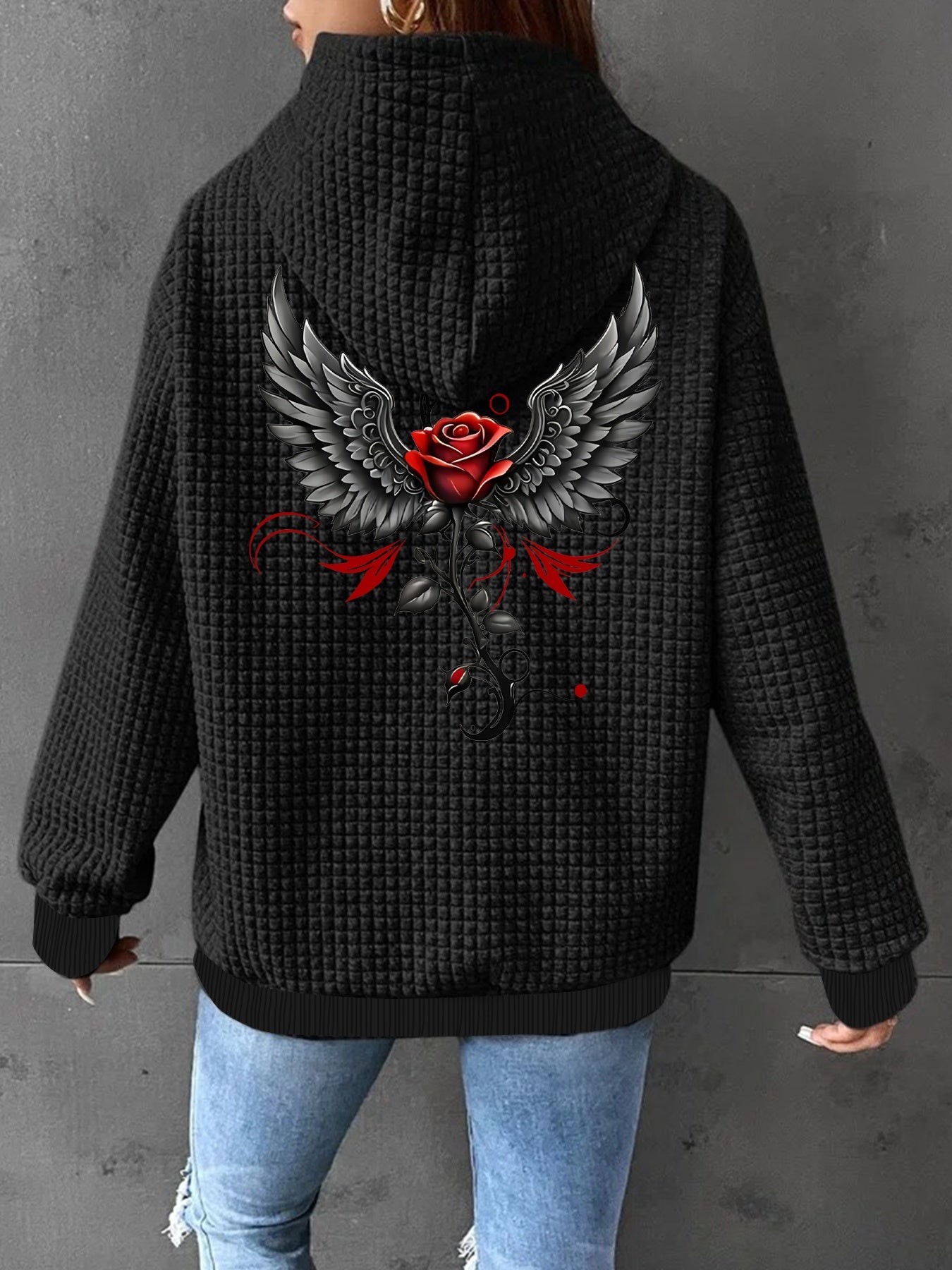 Chaqueta con capucha de punto waffle para mujer con estampado de rosa roja y alas, ligera y casual, estilo bomber