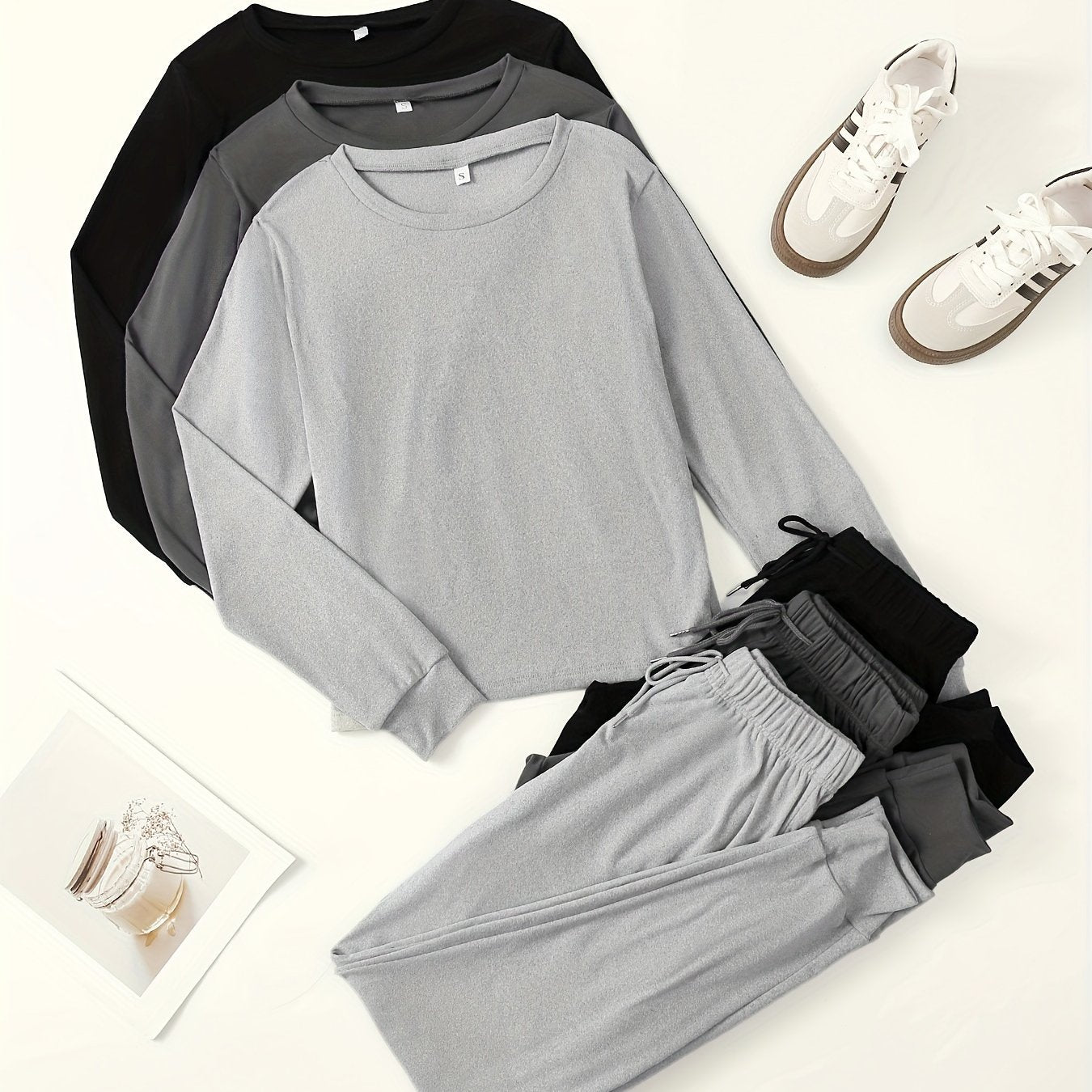 Women's Fall Loungewear Set Long Sleeve Crew Neck Pajama Jogger Pants Solid Polyester