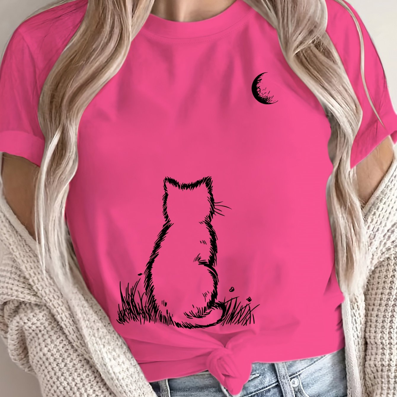 Women's Plus Size Loose Fit T Shirt Pink Geometric Cat Moon Print Casual Top