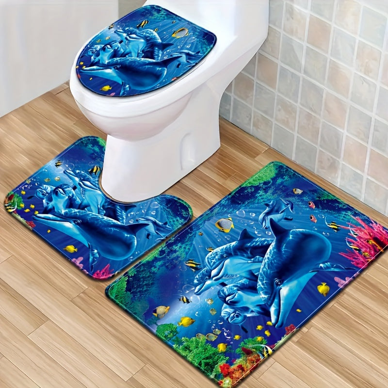 Blue Bathroom Set with Non-slip Floor Mat Toilet Cover and Anti-fatigue Rug