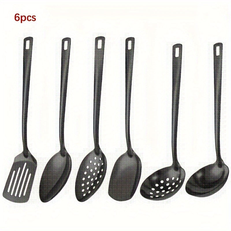 Juego de 6 utensilios de cocina de acero inoxidable en dorado, negro y plateado incluye espátula, cuchara para arroz, colador y cuchara para sopa