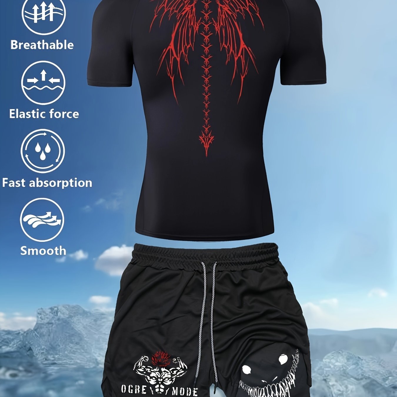 Men's Quick-Drying Printed Sports Suit with Compression T-Shirt and Multi-Pocket Shorts
